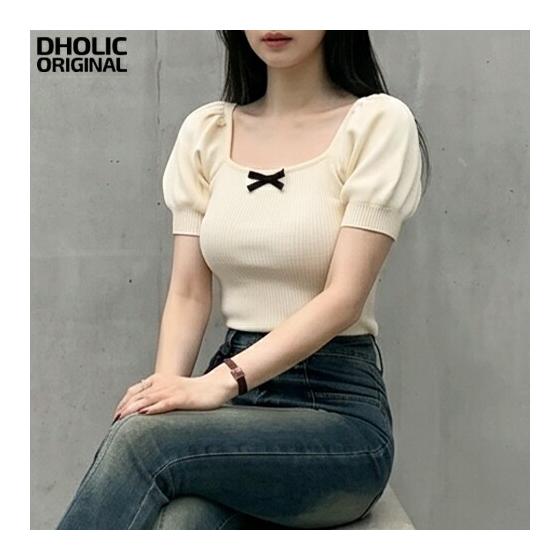 Women s Korean Fashion Tops Knit Rib Knit 3-Length Sleeves Short Sleeves Square Neck Ribbon Stretchy Lovely Cute Girly Feminine Casual Mix and Match
