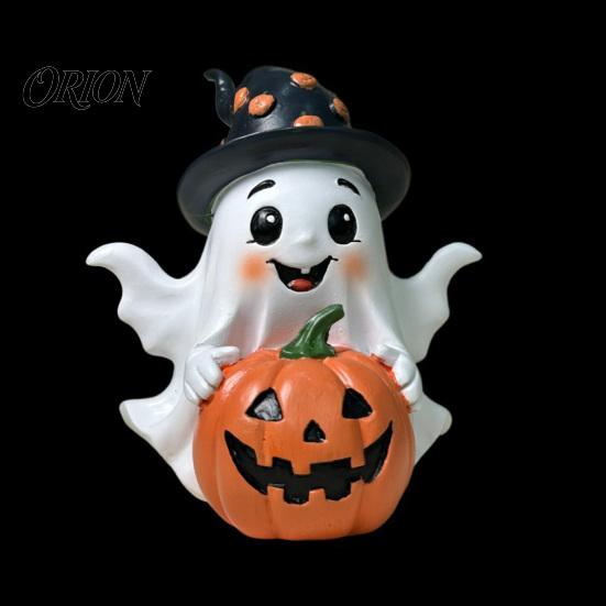 Resin Spooky Table Ornaments Halloween Ghost Decoration, Holding Pumpkin Figurine with Witch Decor Hat, Cute Tabletop for Home Kitchen Bathroom