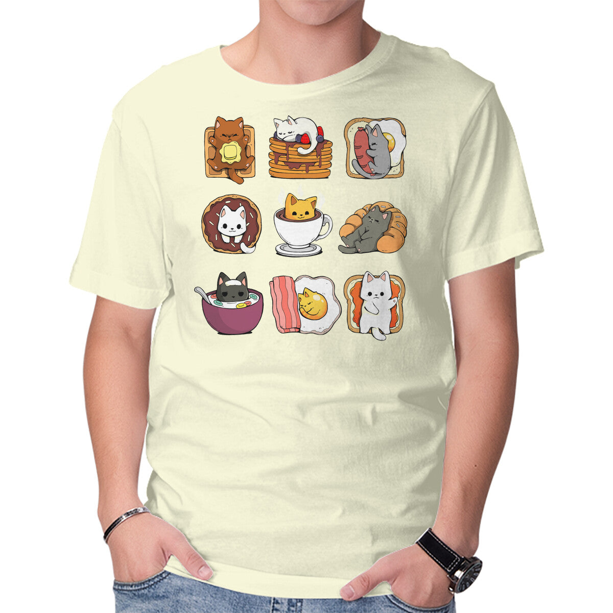 Unisex Crew Neck T-Shirt Breakfast Cats Graphic Short Sleeve Casual Tee XXXXL