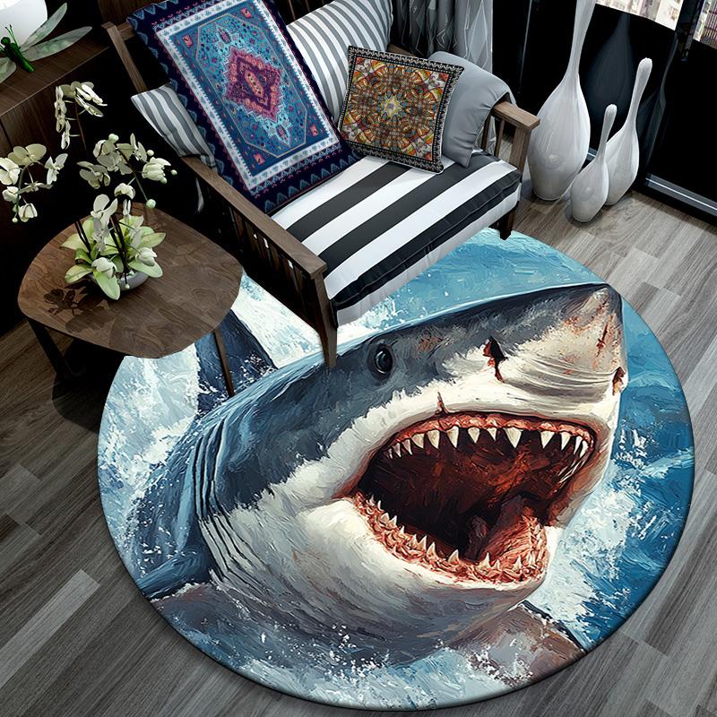 Shark Attack Round Area Rug,Carpet Rug for Living Room Bedroom Sofa Playroom Decor,Non-slip Floor Mat
