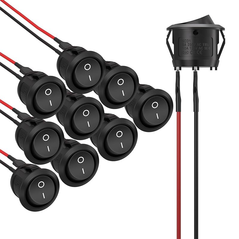 10 Pcs Mini Round Rocker Switch 12 Volt ON Off Toggle Switch with 15cm Pre-Wired 6A/250V 10A/125V Electrical Switch for Car Boat