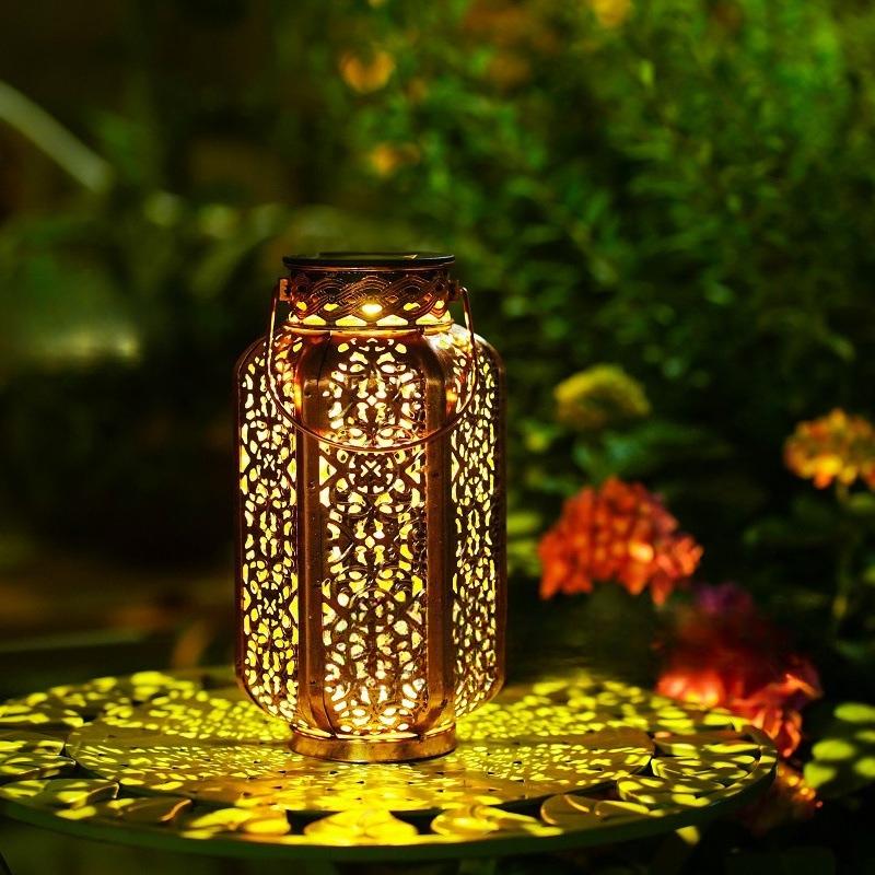 Solar Hexagonal Lantern Iron Hollow Projection Lamp Outdoor Landscape Lamp Courtyard Garden Decoration Atmosphere Lamp