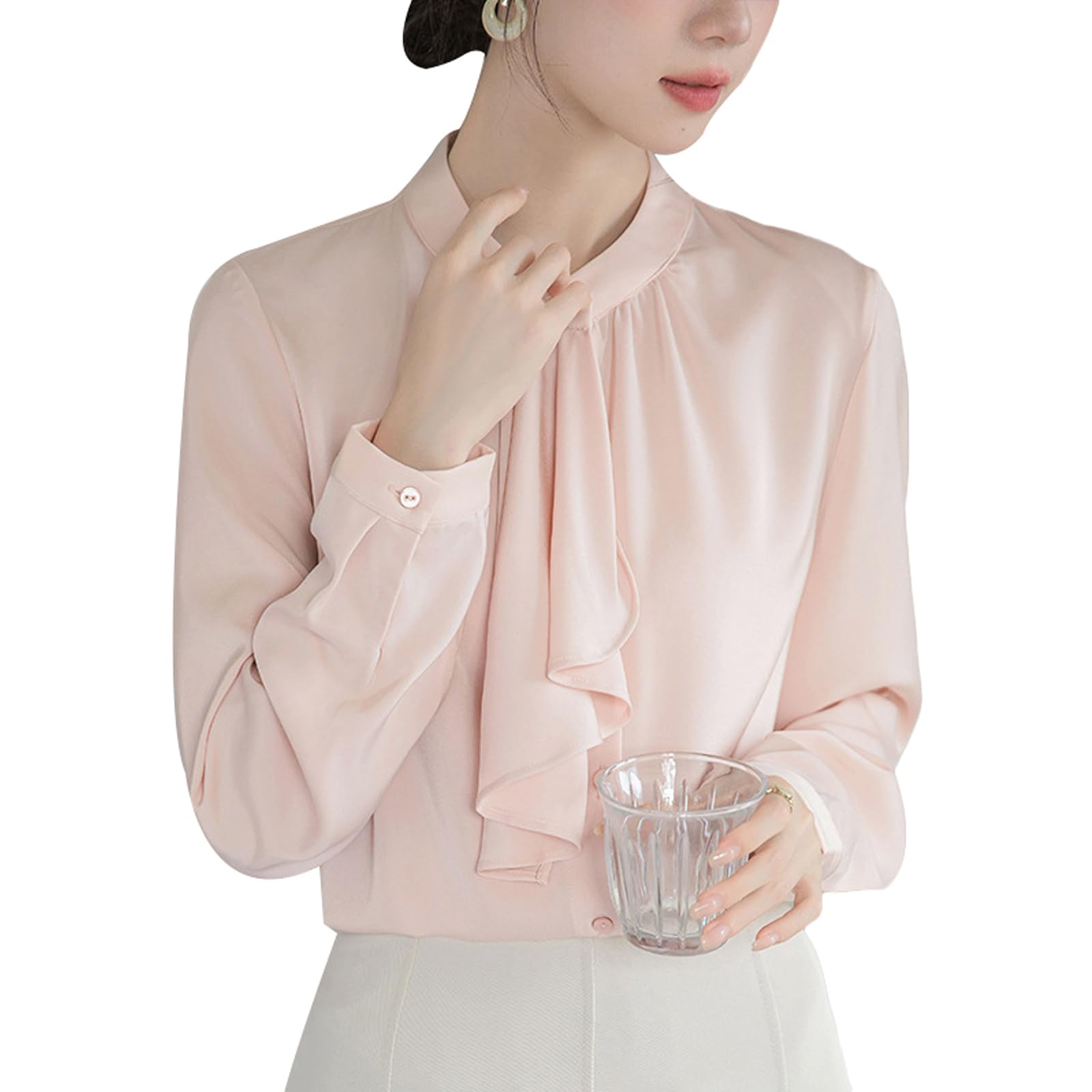 

[SYitong] Women s Long-Sleeved Plain Blouse, Stylish, Washable, Collarless, White/Pink, Lined, Business/Office Wear, Cute, Popular, Perfect for Dates,