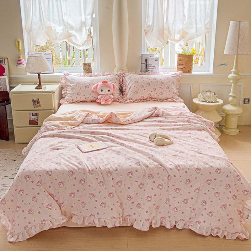 Korean Quilt with Lace and Ruffle Pure Cotton Patchwork Comforter for Summer Skin-Friendly Breathable Cooling Blanket for Home