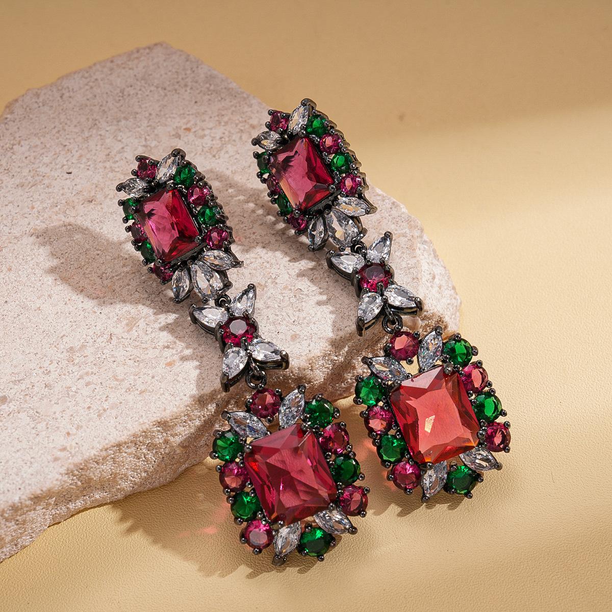 

Court style zircon geometric square silver needle earrings fashionable and exquisite personality light luxury earrings