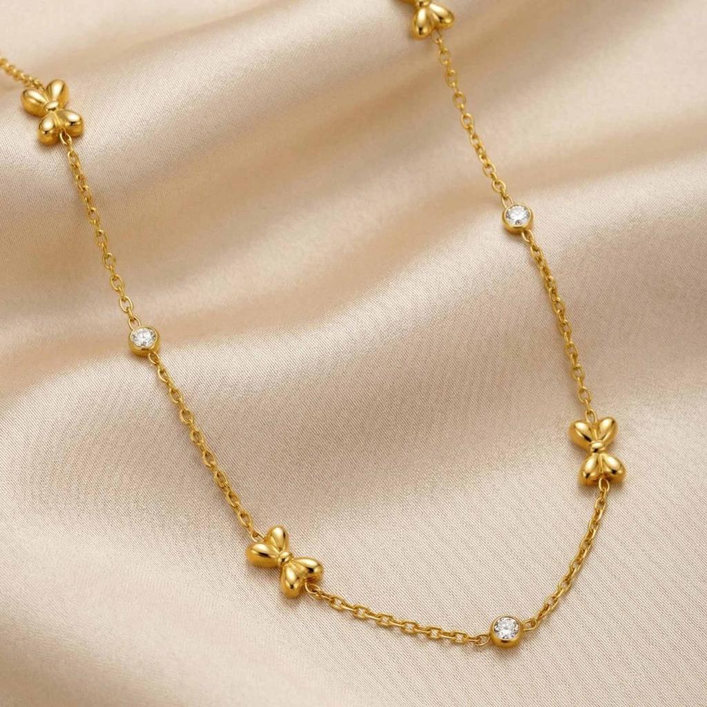 Bow Necklace, Stainless Steel 18K Gold Plated Station Zircon Necklace for Women Charms Choker Jewelry