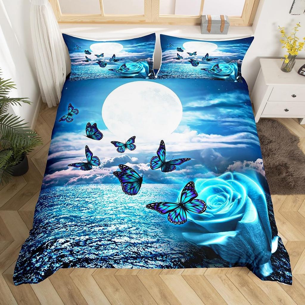 Comforter Butterfly Twin King Romantic Rose Flower Bedding Set 3Pcs For Boys Girls Room Botanical Floral Comforter