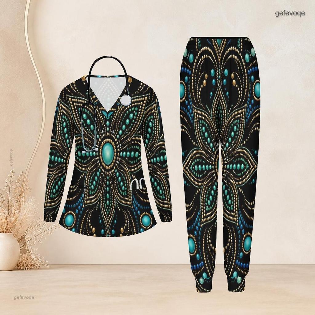Women Plus Size Pink Purple Printed Nurse Scrub Set V Neck Long Sleeve Pocket Top And Long Pants