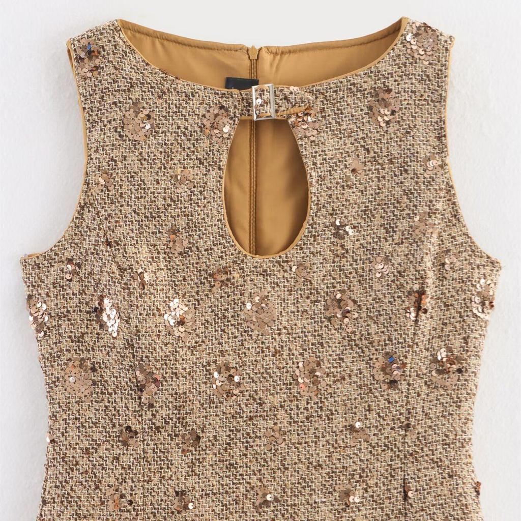 2025 Autumn Women's French Chic Sequin Sleeveless Dress - European & American Style