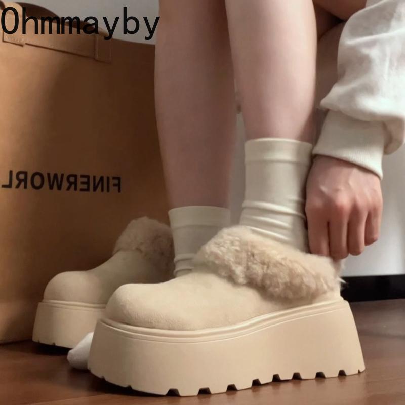 Winter Platform Flats Women Fur Lining Snow Boots Concise Shallow Slip On Shoes Ladies Outdoor Comfort Warm Cotton Short Booties