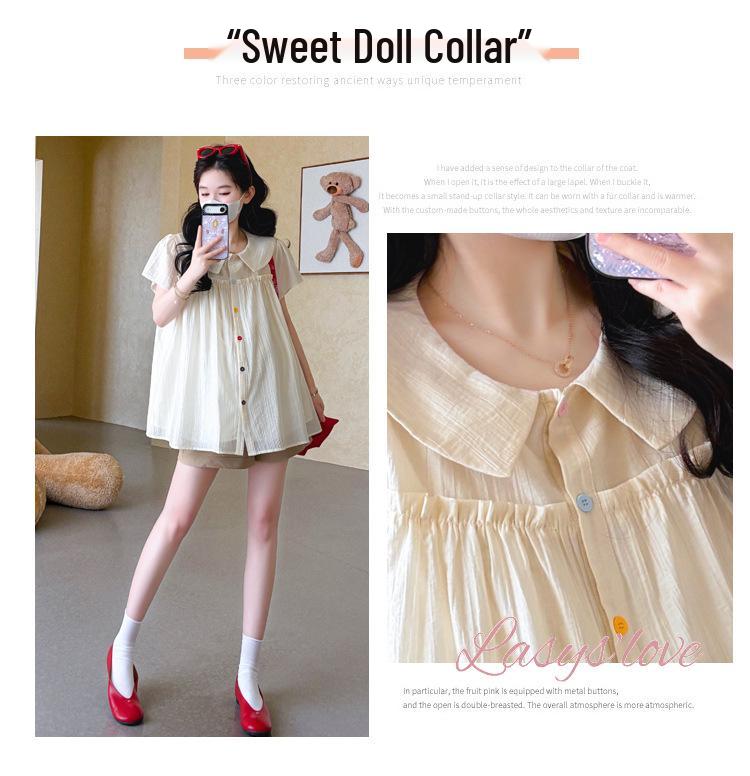Korean-Style Petite Maternity Summer Set with Ruffle Doll Top & Belly Support Shorts