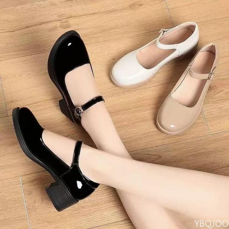Square buckle thick heel women's shoes summer new women's fashionable versatile shallow mouth shoes elegant simple high heels