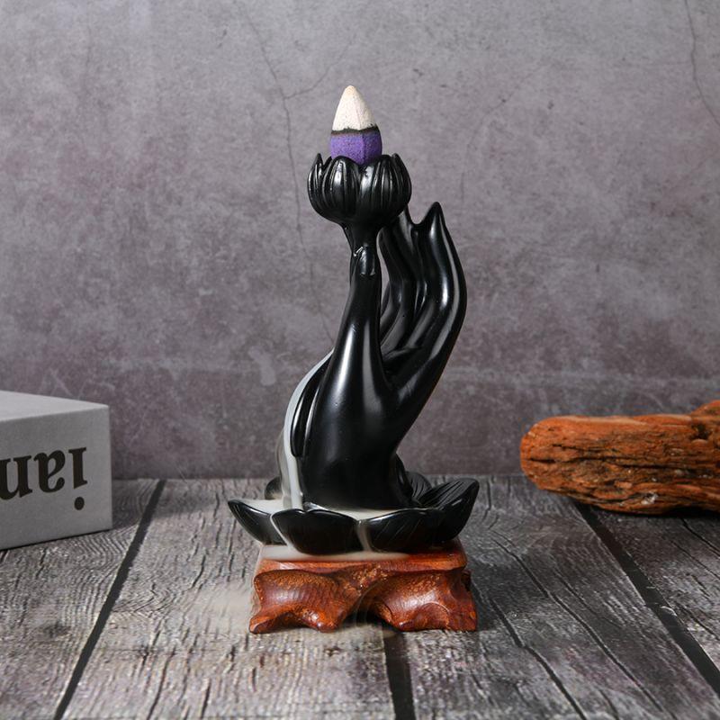 Buddha Hand Lotus Rückfluss Räuchergefäß, Wasserfall Räuchergefäß, Rückfluss Räuchergefäß handgefertigt Harz Wasserfall Räucherhalter