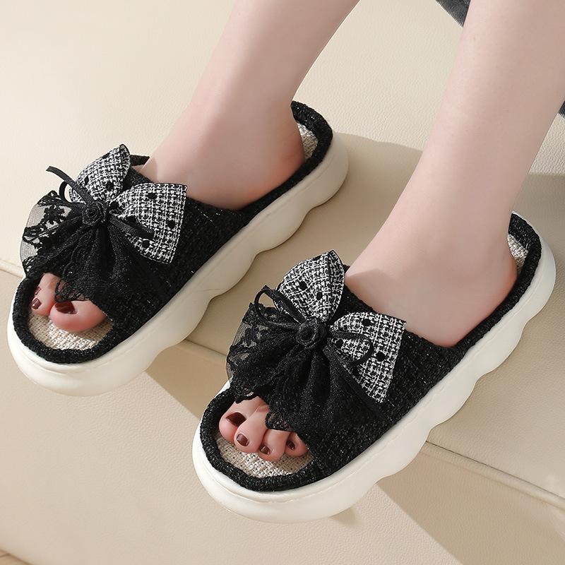 Women's Fashionable Black Bow Slippers with Thick Soles - Comfortable Indoor/outdoor Shoes for All Seasons, Sandals for All Seasons