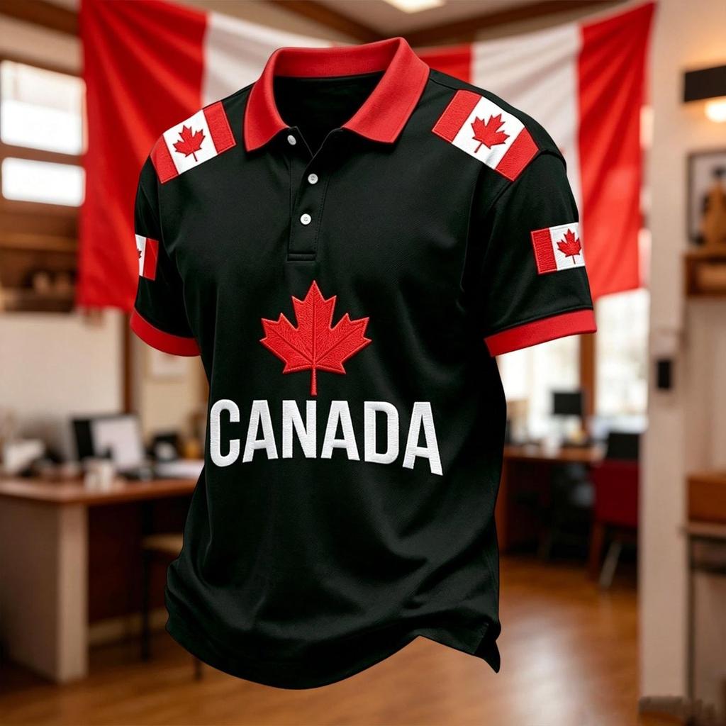 Men's Soccer Fan Polo Shirt Canada Themed Short Sleeve Breathable Mesh Fabric Lightweight Comfortable Fit Collar Buttoned Front