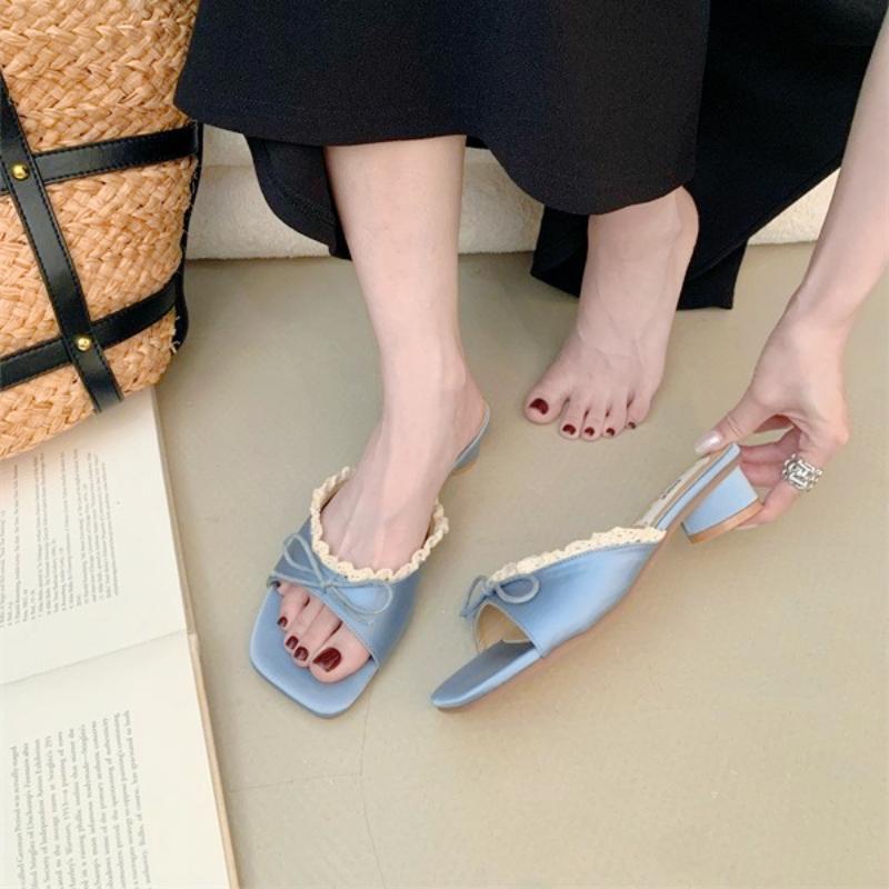 Fashion Elegant Lace Bow Embellished Brand Slippers Women Fashion Sexy Square Toe Open Toe Slide Sandals Sweet Sandalias Mujer De Verano
