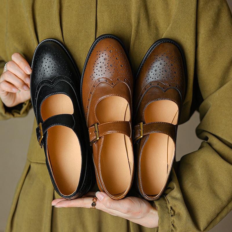 Autumn Women Pumps Natural Leather Plus Cowhide Pigskin Full Leather Mary Jane Shoes Block Carving