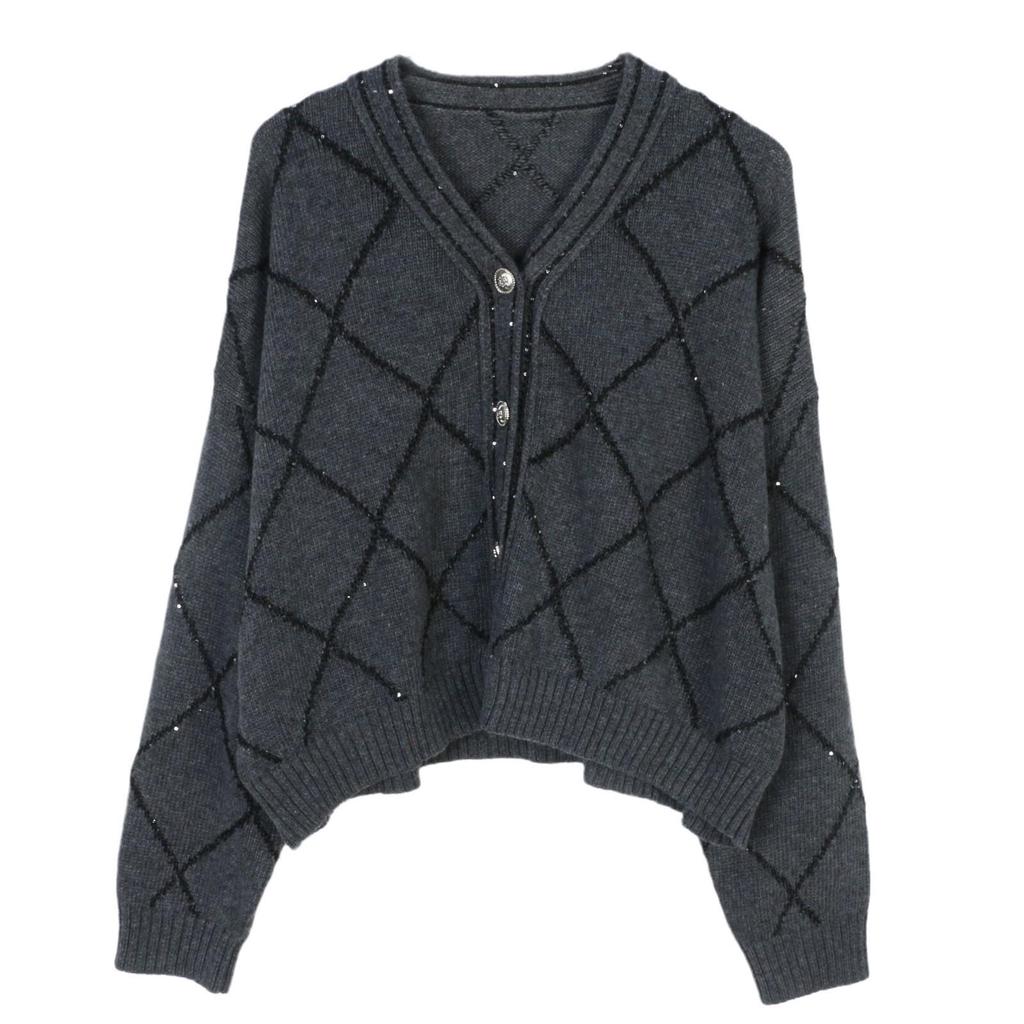 French Spring Diamond Sequin V-Neck Cardigan: Versatile, Loose-Fit, Fashionable Knit Jacket