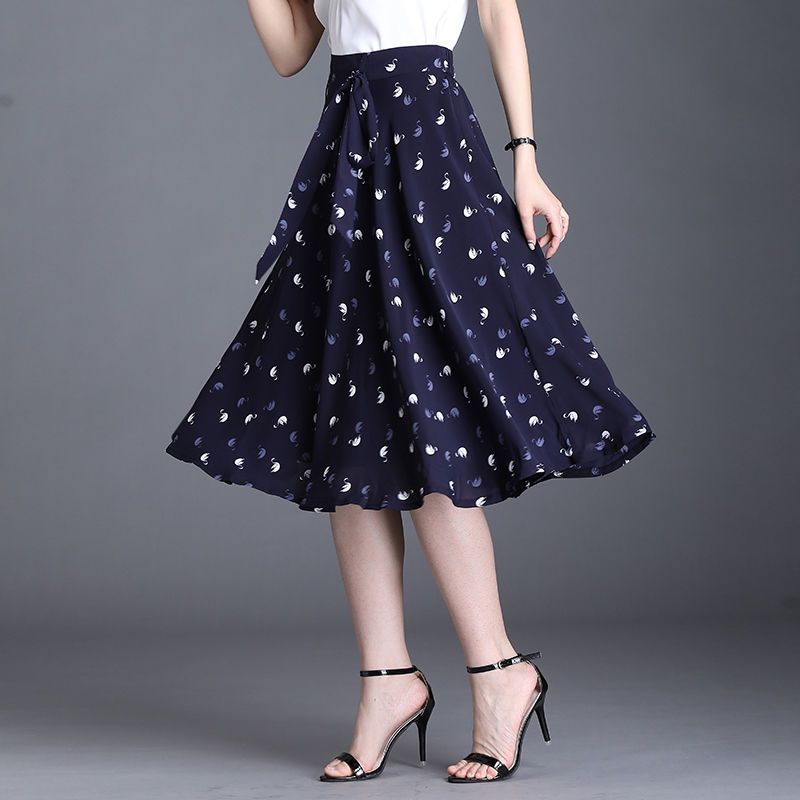 Damen Sommer Rock mit Blumenmuster und Schleife Hohe Taille Mittellang A-Linie Bedruckt Plissee