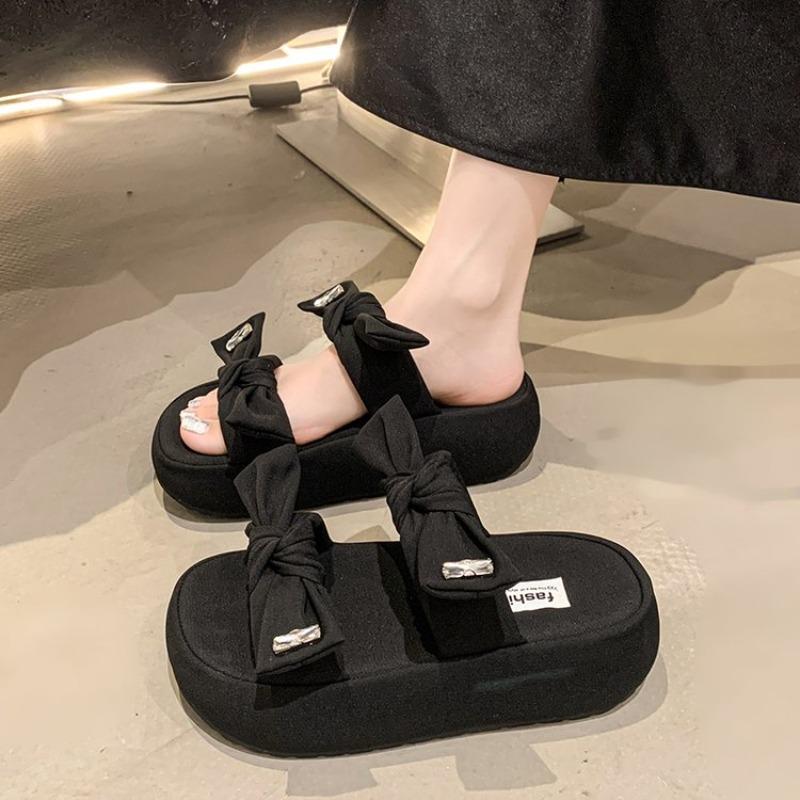 

Модные балетки с бантом, женские шлепанцы на платформе, повседневная летняя обувь, модные новые сандалии 2025 с открытым носком, пляжные шлепанцы для женщин, шлепки для ходьбы 40 чёрный