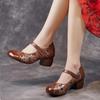 Johnature Ethnic Style Printed Pumps Genuine Leather Retro Round Toe Thick Heel Soft Sole Women's Shoes