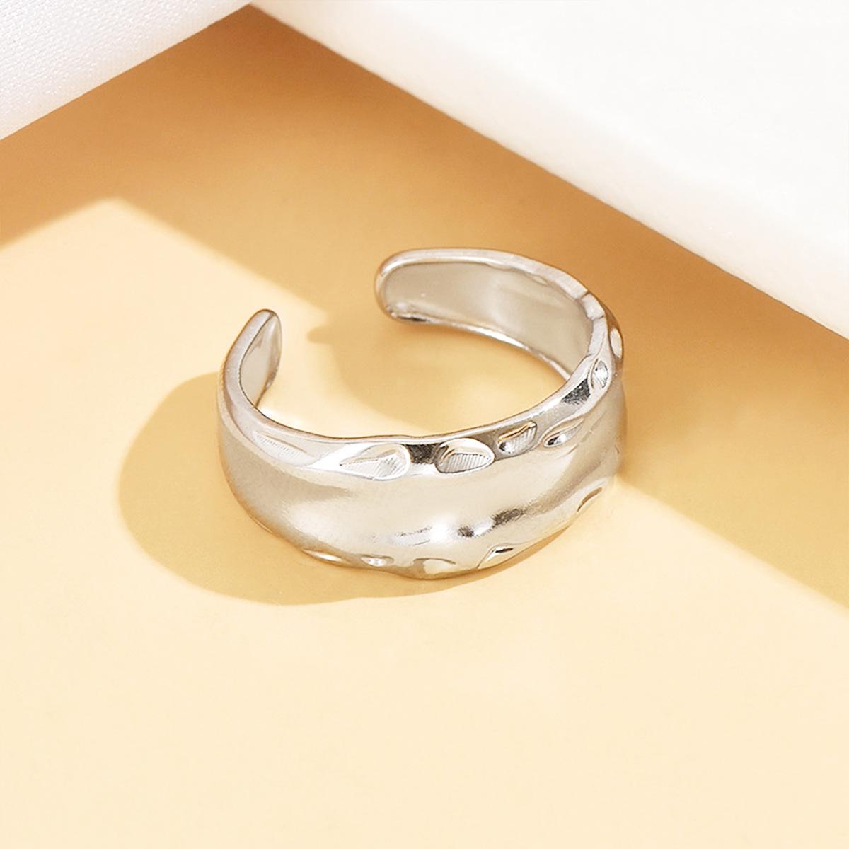 Ins Cold Style Irregular Texture Open Ring - Retro Old Money Style Wide Stainless Steel Finger Ring