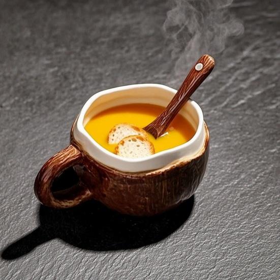 Durable Ceramic Oatmeal Bowl Vintage Coconut Shell Mug, Handmade Irregular Coffee Cup with Spoon, Heat Resistant Hot Drink Mug Rustic Texture