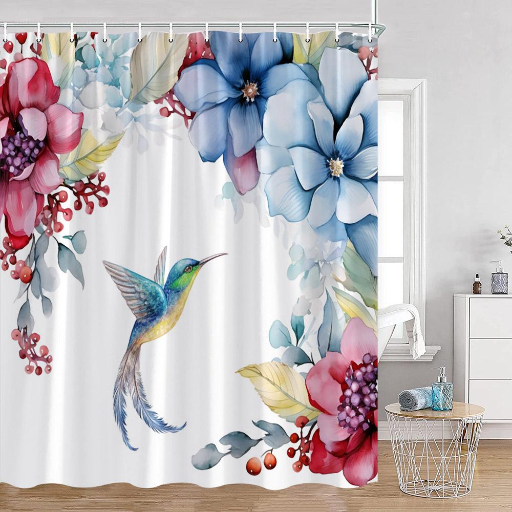 Cute Bird Plant Shower Curtain Hummingbird Pink Flower Green Leaves Nature Floral Bathroom Decor Polyester Bath Curtain