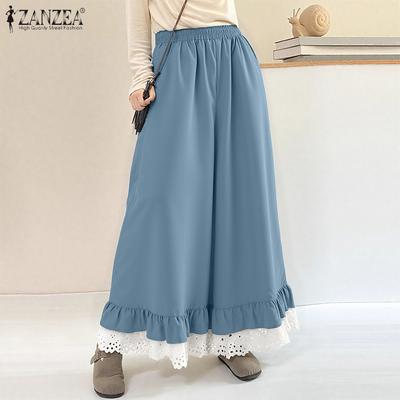 Womens Lace Splice Casual Elastic Waist Loose Pants