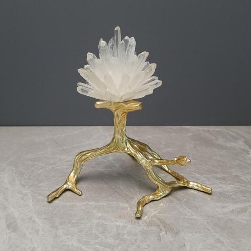 Natural Crystal Stone Branches Golden Bird Metal Branch Sculpture Golden Tree Metal Figurine Room Decoration Accessories