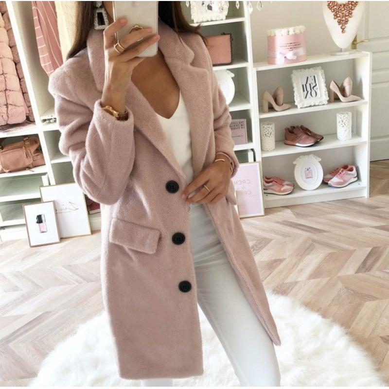 women s Notched Lapel Solid Color Double Breasted Mid Length Wool Blend Coat Long Sleeve Winter Outerwear Overcoat S розовый