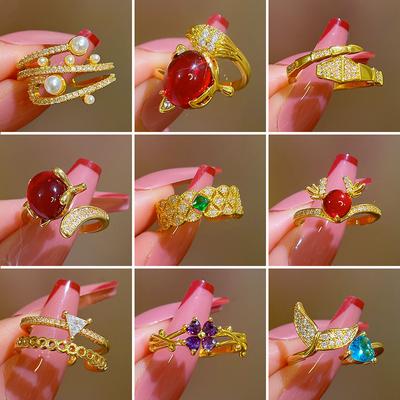 Fashion Geometric Diamond Round Bead Open Ring for Women, Cool Style Statement Jewelry