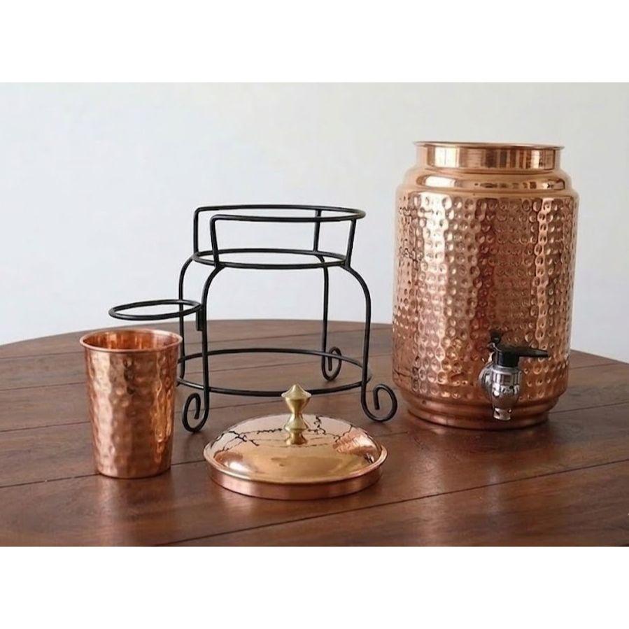Copper Water Dispenser Set, 5 Litres, with Stand, 1 Glasses and ABS Tap, HaMmered Design (HaMmered Natura)