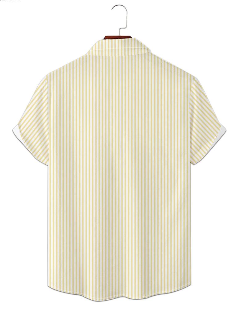 Printe Esign – Not Texture Men's Yellow and White Striped Short-Sleeve Shirt with Blue Daisy Print, Fresh and Casual Top, New Summer Fashion Versatile