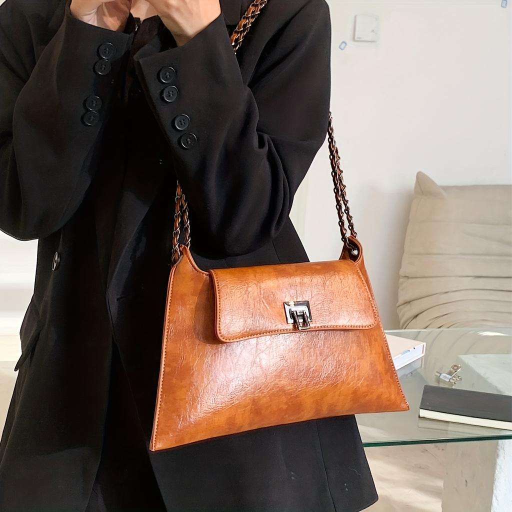 Vintage Metal Chain Underarm Bag, PU Leather Textured Bag Purse, Fashion Versatile Baguette Bag