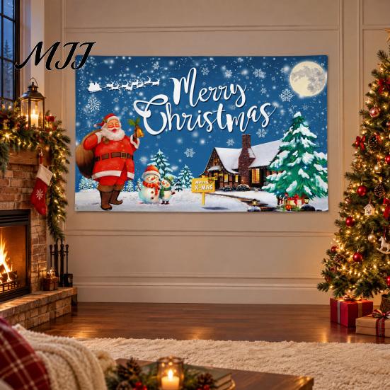Santa Claus Wall Backdrop Christmas Banner, 71x43 Inches Sleigh Reindeer Snowman for Winter Wonderland Reusable Holiday Party Decorations, Indoor