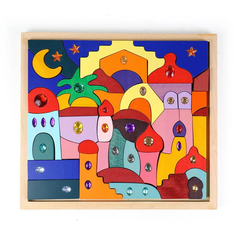 Blocchi da costruzione brillanti in legno con gemme orientali blocchi da costruzione creativi blocchi da costruzione a diamante legno di faggio giocattoli educativi per la prima infanzia dei bambini
