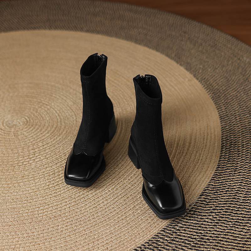 Krazing Pot Microfiber Flock Winter Square Toe Modern Size 33 Boots Size 43 Zipper KPOP Style Fashion Stretch Ankle Boots