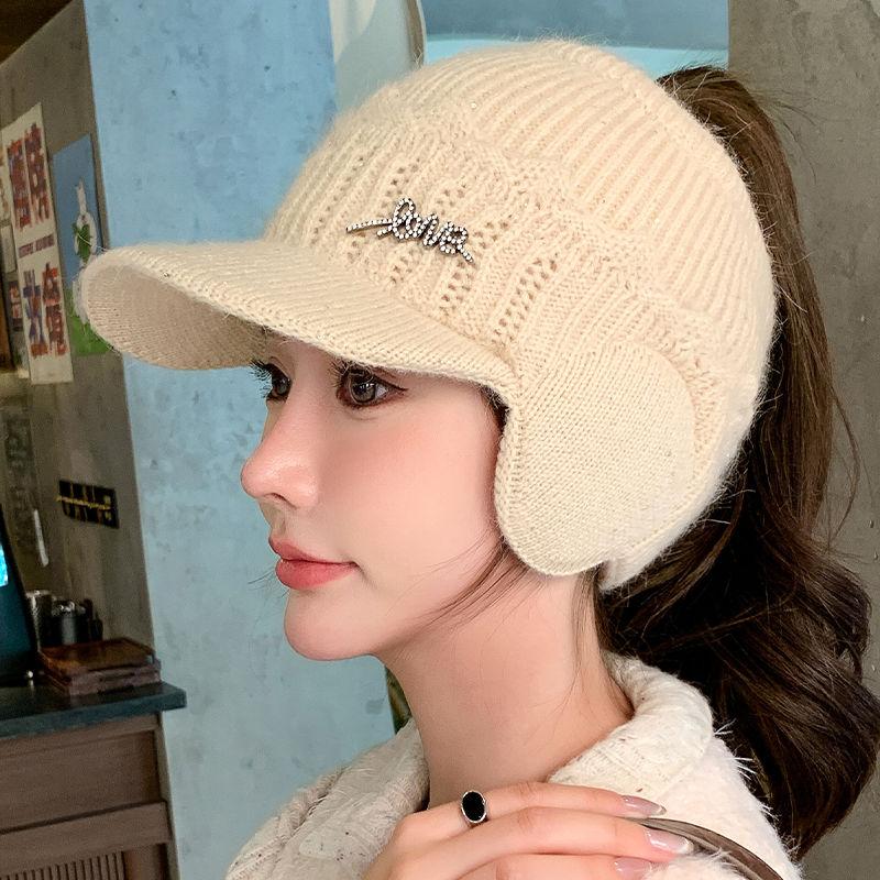 Autumn Winter Knitted Wool Hat - Thickened Warm Visor Cap, Outdoor Cycling Ear Protection, Women's Empty Top Baseball Cap