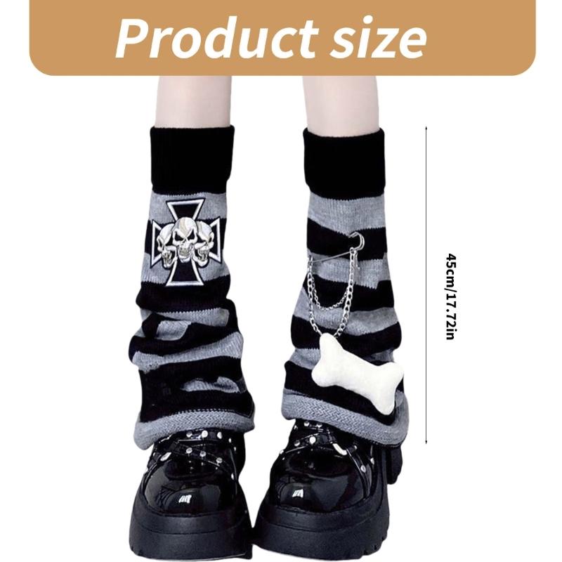 Calentadores de Piernas de Punto Rayados Góticos Punk Calaveras Cruces Adornos Cubre Pies Piernas Calcetines Largos Holgados Acampanados para Mujeres Niñas