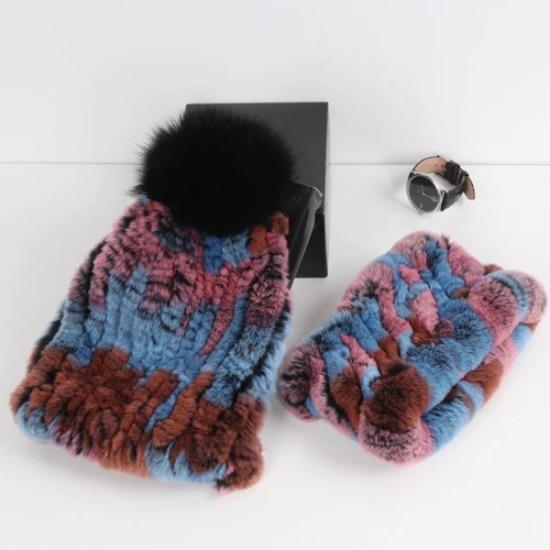 New Fashion Knitted Good Elastic Real Fur Scarf Hat Sets Women Winter Warm Natural Rex Rabbit Fur Scarves Hats Sets
