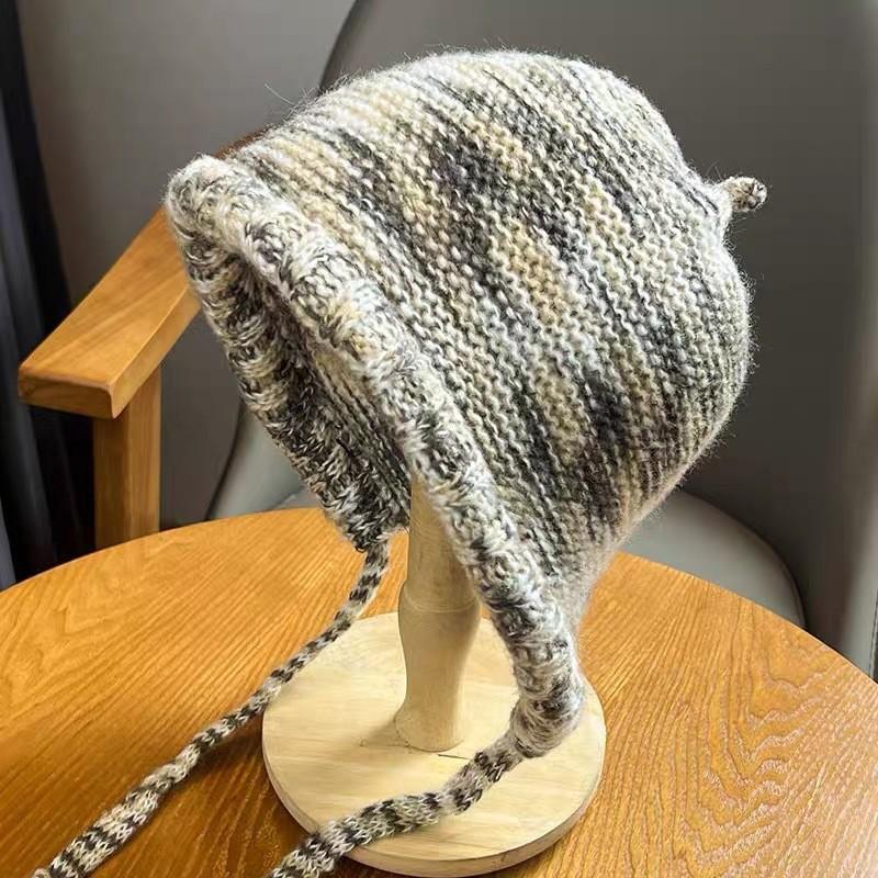 New Rainbow Striped Knitting Wool Beanie Hat Women Girl Winter Warm Crochet Ear Protection Cap Korean Ski Snow Windproof Bonnet