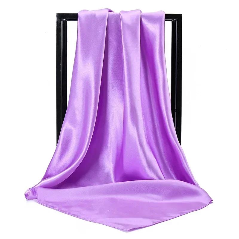 90X90 Satin Silk Scarf Hijab Solid Women Shiny Square Wrap Shawl Head Neck Cover Plain Hair Tie Band Beach Hijab Female Foulard