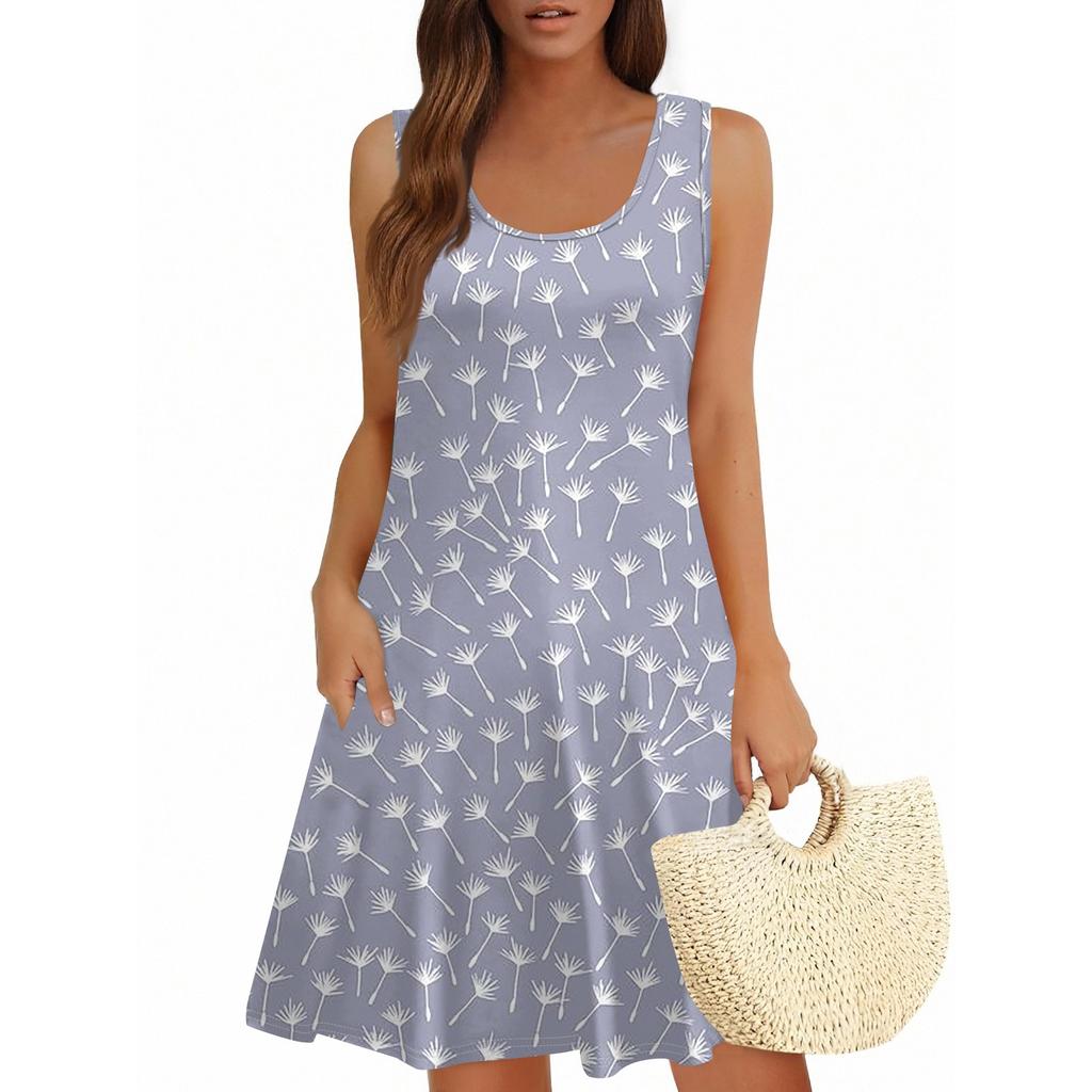 Damen Sommerkleid, lässig, quadratischer Ausschnitt, Blumendruck, ärmellos, mit Taschen