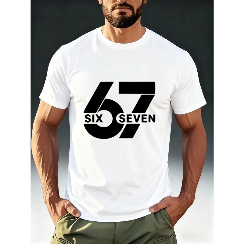 Men's Distressed Print Vintage Number 67 Tee - Casual Streetwear Short Sleeve T-Shirt, Round Neck Summer Top for Summer Casual Wear & Everyday Outfits