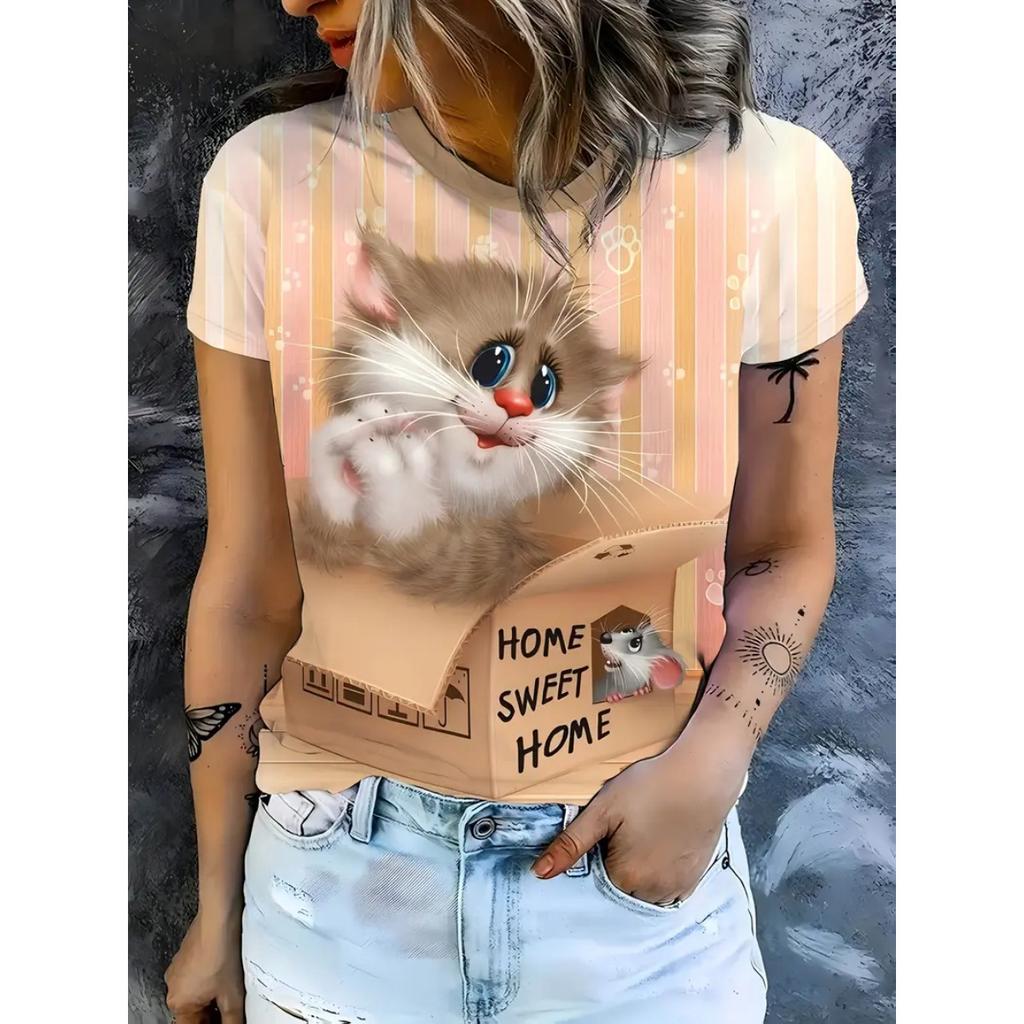 Women's round neck T-shirt summer casual fashion short sleeved top 3D cat print animal pattern women's clothing