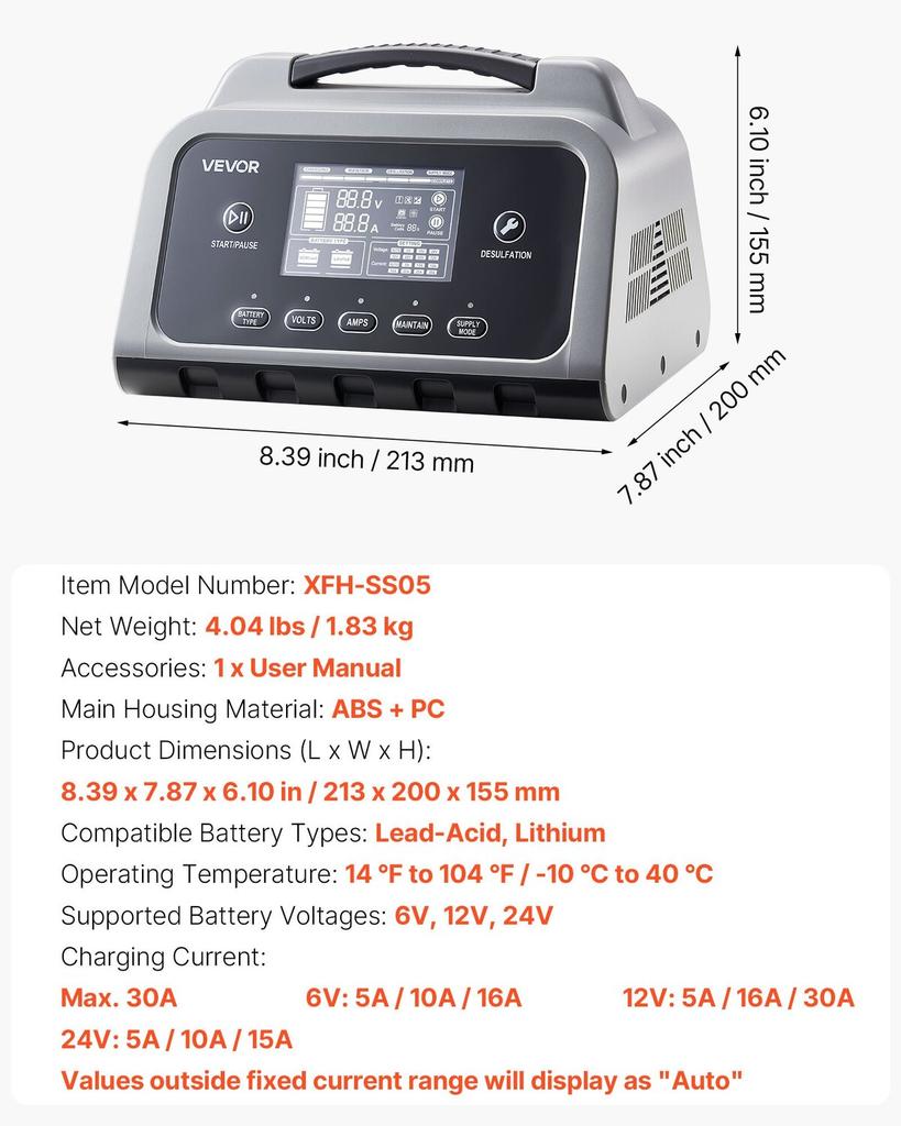 Smart Battery Charger, 30A, 6V 12V 24V LiFePO4 Lead-Acid (Gel/AGM) Lithium Car Battery Charger, with LCD Display, Trickle Charging Maintainer
