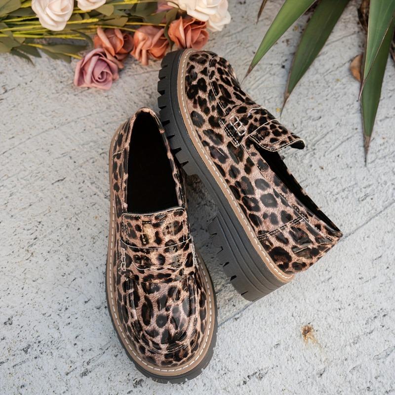 Women'S Retro British Style Loafers - Black & White Leopard Print, Chunky Sole, Slip-On Flats for All Seasons, Versatile Casual to Night Out Shoes
