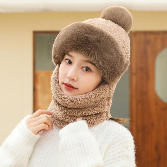 Yousheng Women Winter Hat with Integrated Scarf Cold-proof Front Cover Thick Plush Warm Full Protection Outdoor Cycling Travel Cold Weather Cap