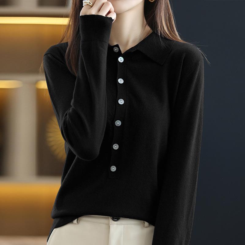 Women's 100% Superfine Merino Wool Polo Collar Sweater - Lightweight, Loose Knit for Spring and Autumn